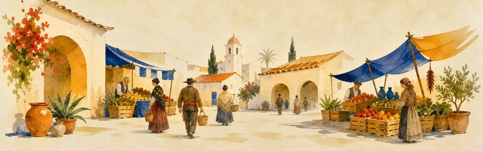 Spanish listening practice with a sunny whitewashed market plaza and produce stalls