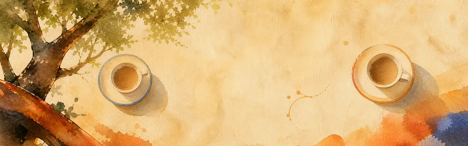 Spanish speaking practice with two coffee cups beneath a leafy tree in watercolor