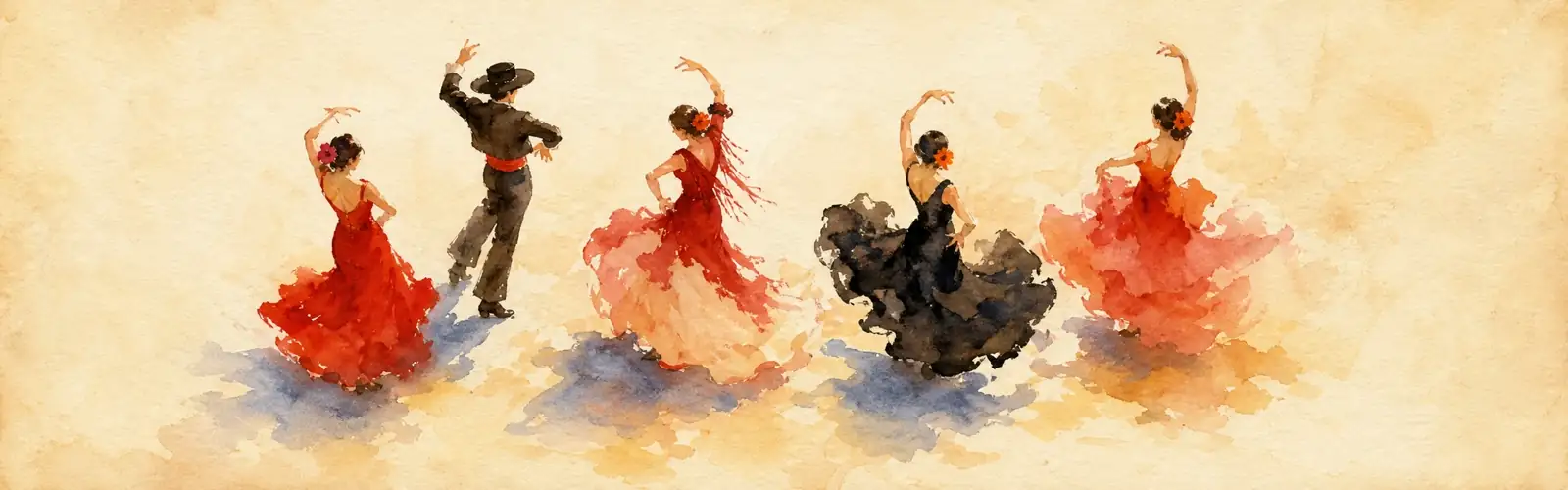 Spanish video immersion with watercolor flamenco dancers in red and black dresses