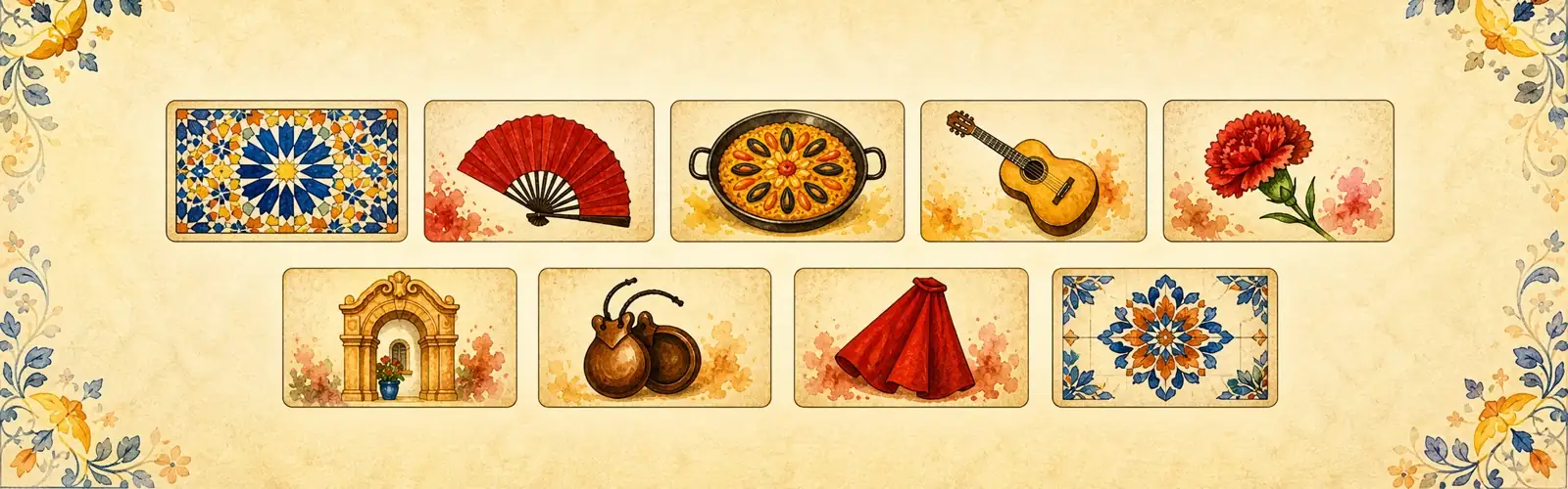 Spanish vocabulary practice with illustrated cards showing tilework, a fan, paella, guitar, carnation, archway, castanets, and flamenco skirt