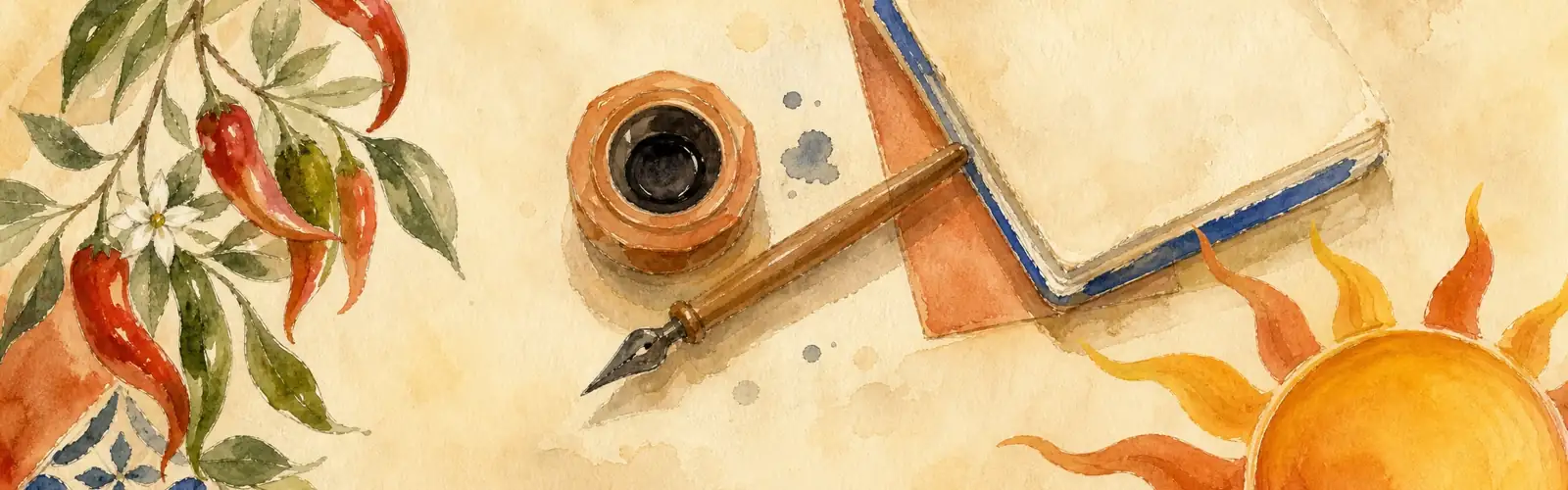 Spanish writing practice with an ink pot, dip pen, notebook, peppers, tile, and sun motif