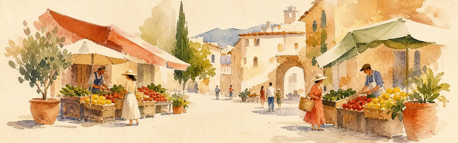Italian listening practice with a sunny village market and produce stalls