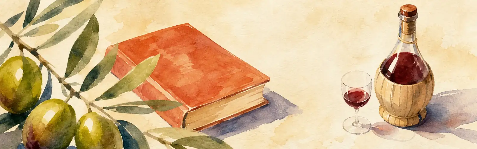 Italian reading practice with a red book, olive branch, and wine on parchment