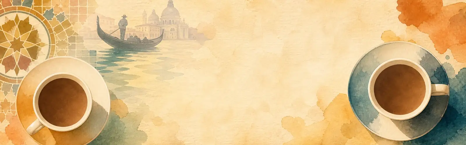 Italian speaking practice with two coffee cups, Venetian tiles, and a gondola scene