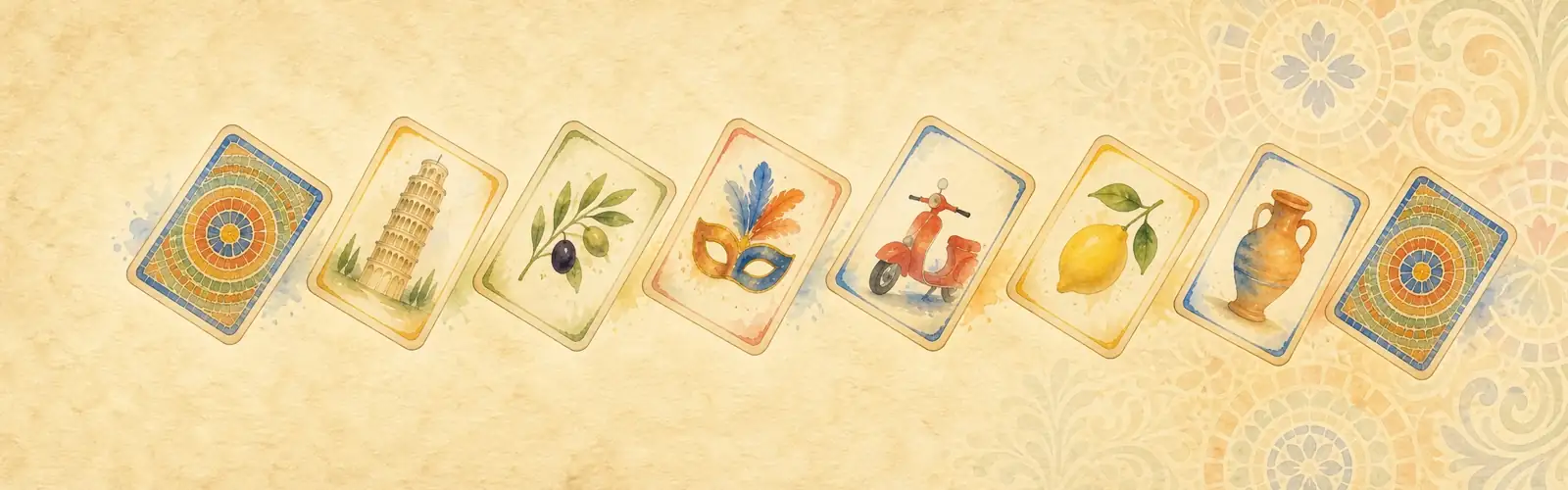 Italian vocabulary practice with illustrated cards showing Pisa, olives, a mask, scooter, lemon, and pottery