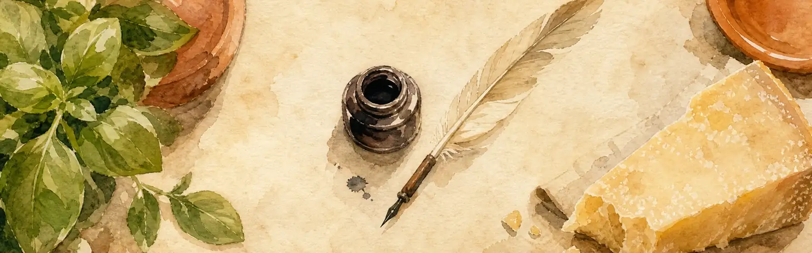 Italian writing practice with a quill, ink pot, basil, and parmesan on parchment