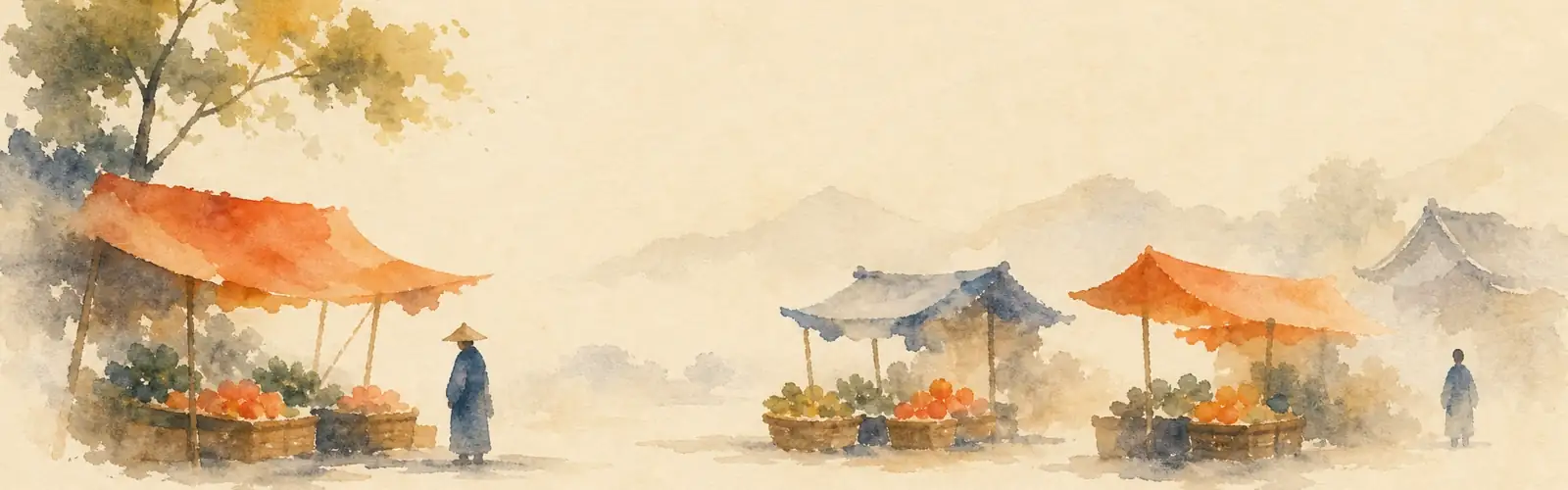Japanese listening practice with misty market stalls, fruit baskets, and distant temple roofs