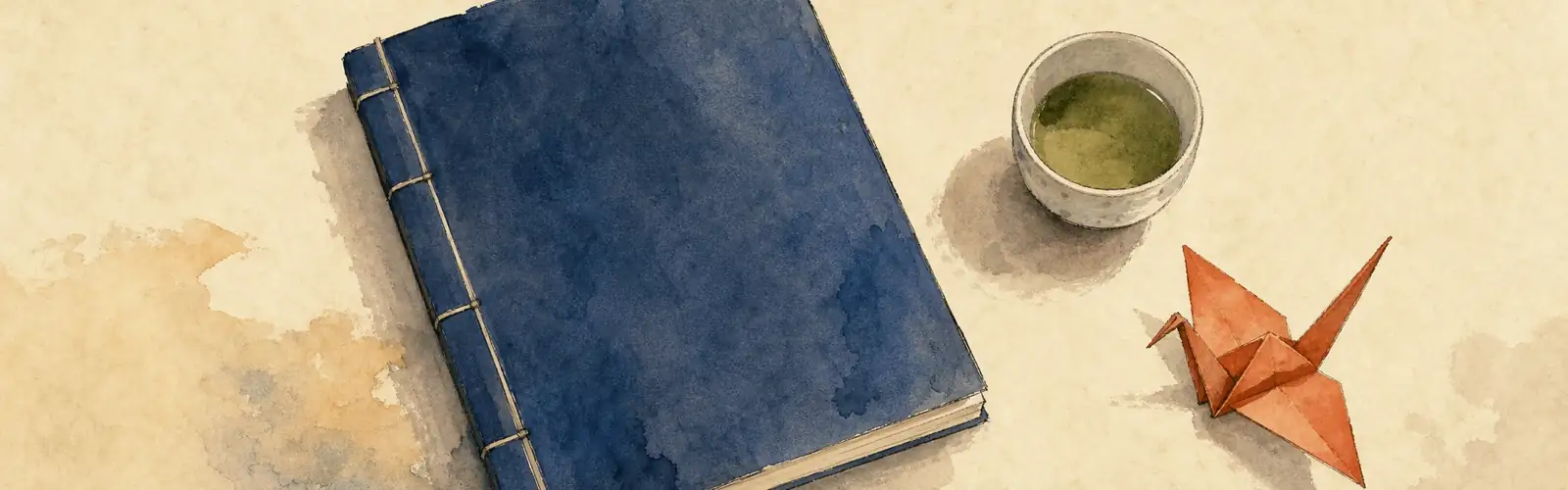 Japanese reading practice with a blue bound book, green tea, and origami crane