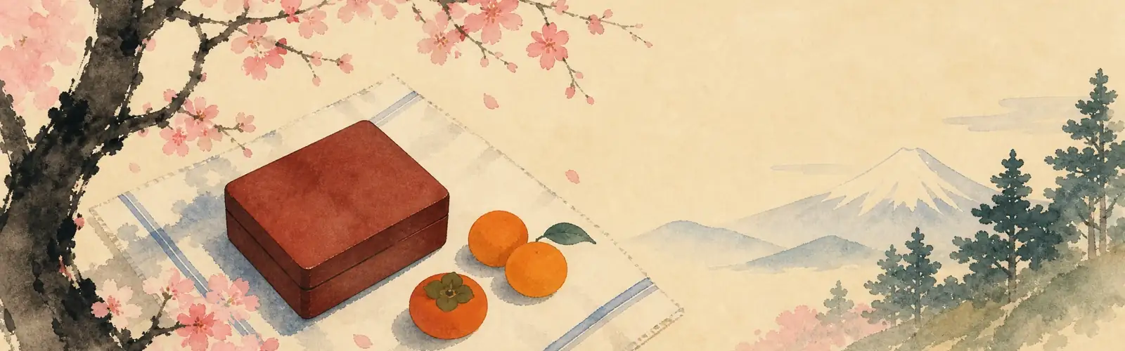 Japanese speaking practice with a cherry blossom picnic, bento box, fruit, and Mount Fuji