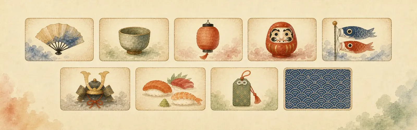 Japanese vocabulary practice with illustrated cards showing a fan, tea bowl, lantern, daruma, koinobori, helmet, sushi, omamori, and wave pattern