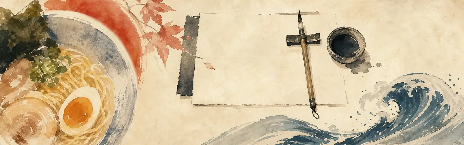Japanese writing practice with a calligraphy brush, ink, blank paper, ramen, maple leaves, and wave motif