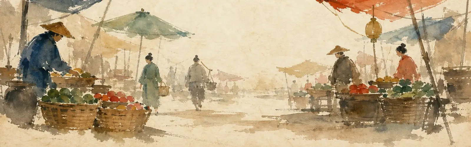 Chinese listening practice with a watercolor market, fruit baskets, canopy umbrellas, shoppers, and lantern