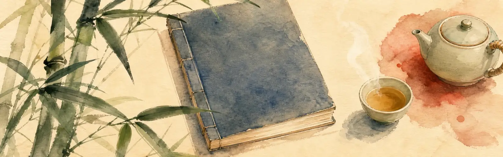 Chinese reading practice with a blue thread-bound book, bamboo, teapot, and cup of tea