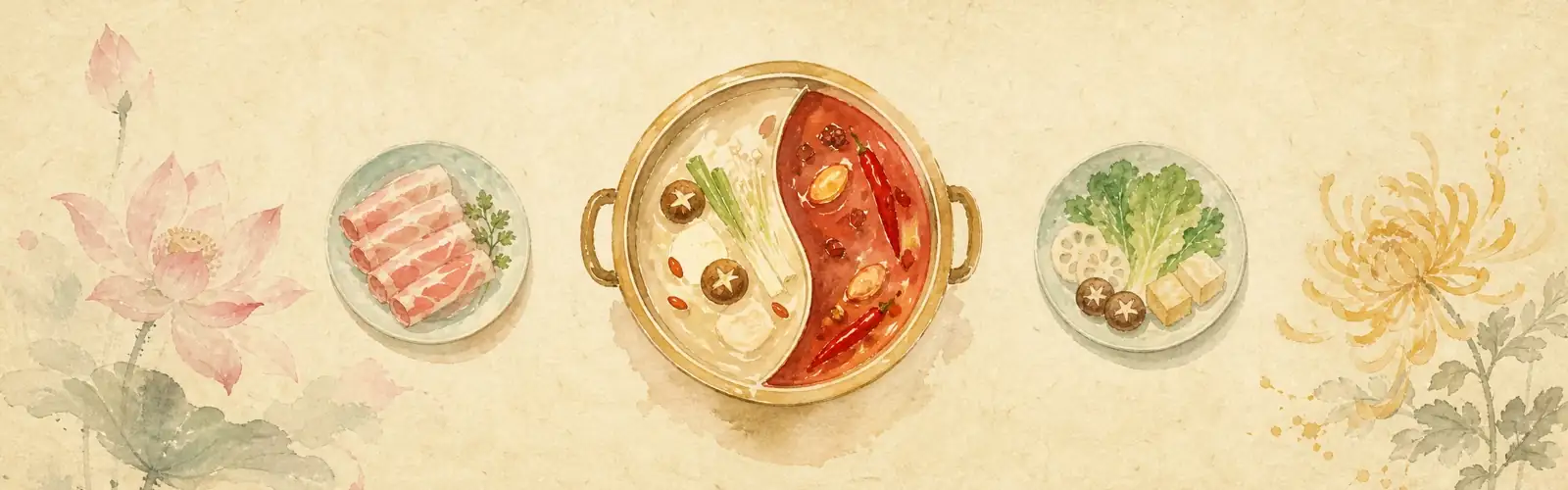 Chinese speaking practice with hot pot, sliced meat, vegetables, lotus flower, and chrysanthemum