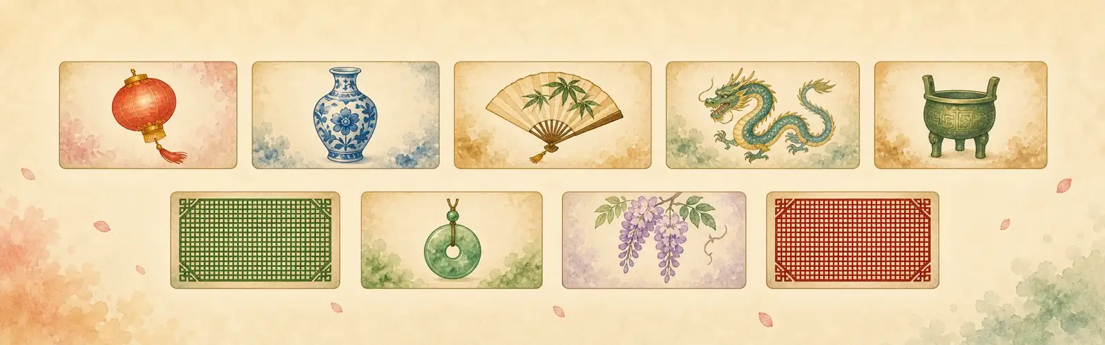 Chinese vocabulary practice with illustrated cards showing a lantern, porcelain vase, bamboo fan, dragon, bronze vessel, lattice patterns, jade pendant, and wisteria
