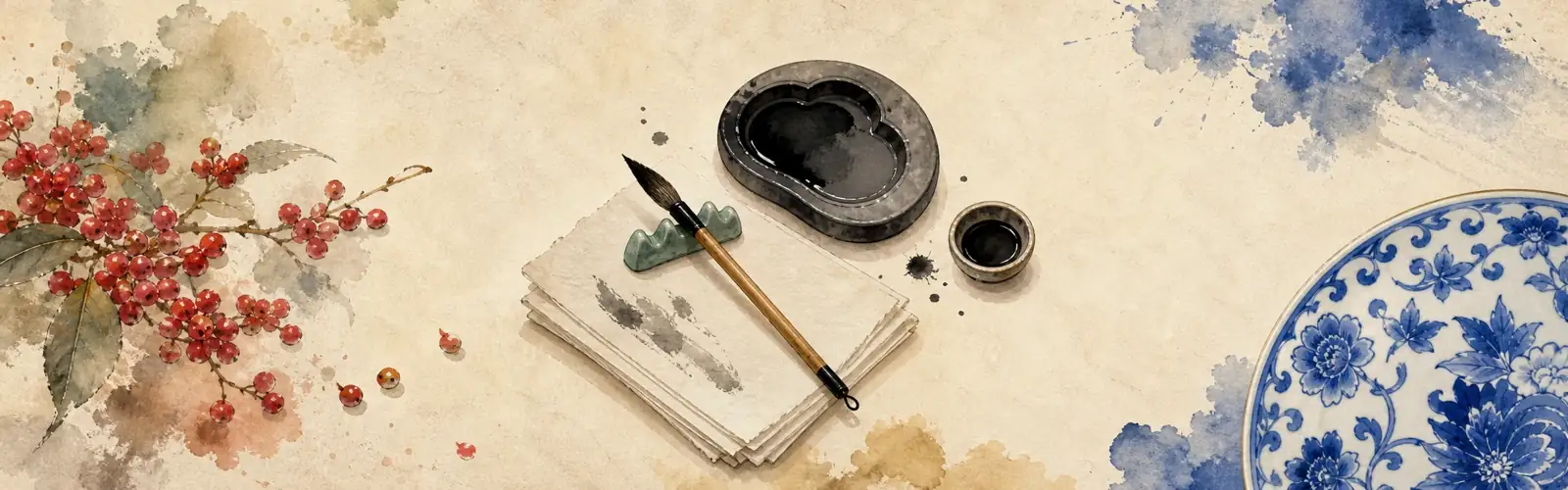 Chinese writing practice with a calligraphy brush, inkstone, paper, Sichuan peppers, and blue-white porcelain