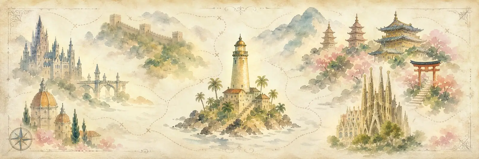 A watercolor illustration of world landmarks
